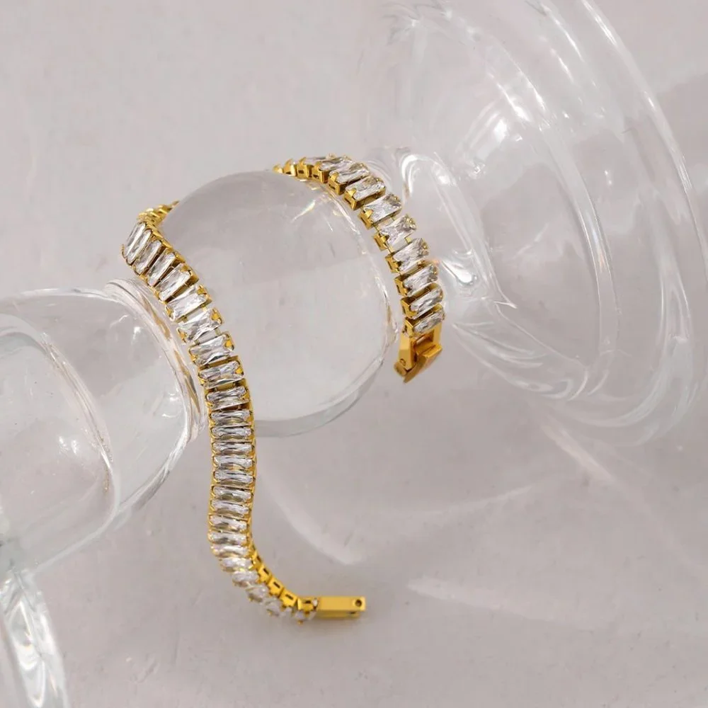 New 18K Gold Plated Baguette Diamond Bracelet